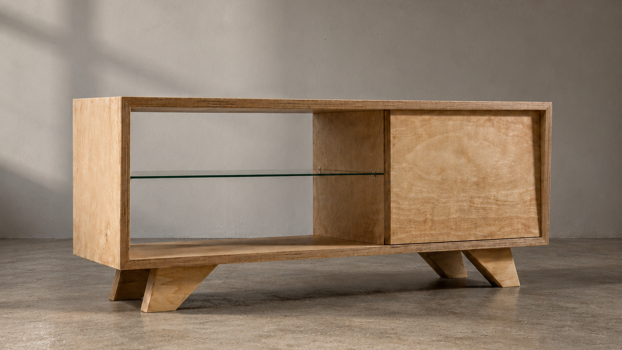Wooden TV stand with glass shelf against a plain wall.